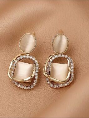 Gold and Cream Drop Earrings with Crystal Accents